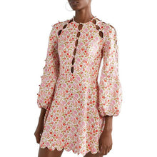 Load image into Gallery viewer, New Sweet Pink Printed Dress Short with Long Sleeve and Wave Edge on Round Neck in Summer of 2019