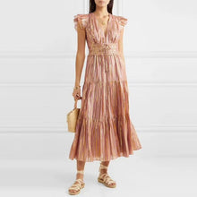 Load image into Gallery viewer, temperament aristocratic wind 2020 spring metallic v neck splicing cascade falbala dress