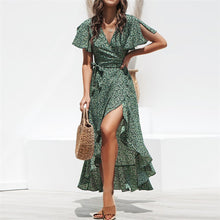 Load image into Gallery viewer, Bohe Summer Dress For Women's Dresses Green Chiffon Ruffed Maxi Dress Beach Fashion Floral Long Bandage Split Sexy Party Dress