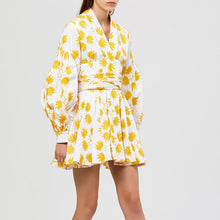 Load image into Gallery viewer, lantern-sleeve bow lace-up printed A-line dress elegant lady dress casual female sundress Plus-sized dress beach dress