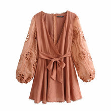 Load image into Gallery viewer, V-neck hollow out bow tie mini dress female 2019 autumn silk yarn puff sleeve draped stitching dress women