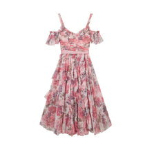 Load image into Gallery viewer, pink printing fold A pendulum condole belt lace high waisted bitter fleabane bitter fleabane dress