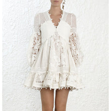 Load image into Gallery viewer, Lace Dress for Women V Neck Sexy Lace Embroidered Hollow Out Flowers Dress White
