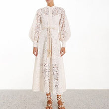 Load image into Gallery viewer, Dress for Women Sexy Hollow Out Crocheted Stand Collar Lantern Long Sleeve Lace Long Dress Tassel Belt

