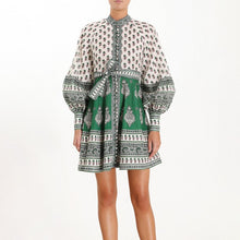 Load image into Gallery viewer, Ethnic bohemian Printed Linen Single Breasted Stand Collar Puff Sleeve Mini Dress Party
