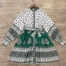 Load image into Gallery viewer, Ethnic bohemian Printed Linen Single Breasted Stand Collar Puff Sleeve Mini Dress Party
