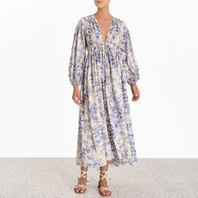 Load image into Gallery viewer, V Collar Waist Lantern Long Sleeve Ink Printed Dresses Female Tide
