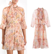 Load image into Gallery viewer, New fund with bowknot bubble sleeves agaric edge of single print dress G0743 decorative buckle
