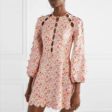 Load image into Gallery viewer, New Sweet Pink Printed Dress Short  with Long Sleeve and Wave Edge on  Round Neck in Summer of 2019
