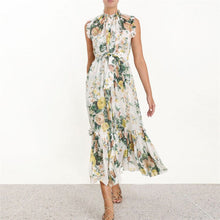 Load image into Gallery viewer, summer  close tied with with printed sleeveless collar flowers ear long plait dress G04121
