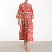 Load image into Gallery viewer, Dress for Women Red Printed Stand Collar Lantern Long Sleeve High Waist Bow Long Dress Party
