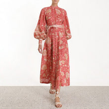 Load image into Gallery viewer, Dress for Women Red Printed Stand Collar Lantern Long Sleeve High Waist Bow Long Dress Party
