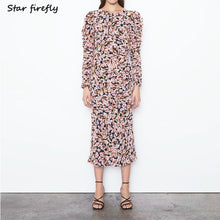 Load image into Gallery viewer, lantern sleeves round neck ruffled chiffon long dress female 2019 casual slim draping flower print dress women
