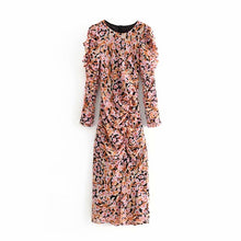 Load image into Gallery viewer, lantern sleeves round neck ruffled chiffon long dress female 2019 casual slim draping flower print dress women
