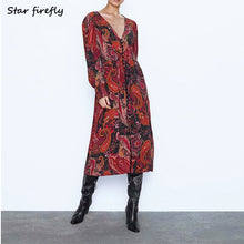 Load image into Gallery viewer, wild V-neck Lantern sleeves draped long dress female 2019 boho elegant casual slim print dress women
