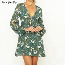Load image into Gallery viewer, women dress V-neck waist print long-sleeved chiffon dress
