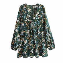 Load image into Gallery viewer, women dress V-neck waist print long-sleeved chiffon dress
