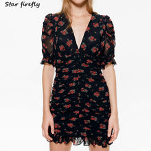 Load image into Gallery viewer, party dress women2019elegant ruffles pleated puff sleeve dress V-neck floral print mini A-line vestidos
