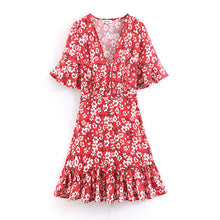 Load image into Gallery viewer, boho dress women2019 floral print lace stitching holiday beach dress V-neck ruffled butterfly sleeve casual dress
