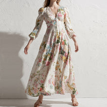 Load image into Gallery viewer, Deep V Neck Long Sleeve Tropical Flower Print Extra long Dress

