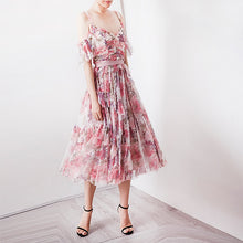 Load image into Gallery viewer, pink printing fold A pendulum condole belt lace high waisted bitter fleabane bitter fleabane dress
